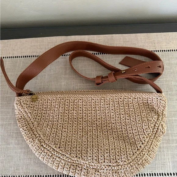 The Sak Half-Moon Woven Crossbody Bag with Brown Leather Strap - Picture 1 of 10
